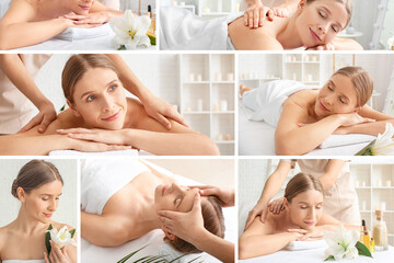 Obraz na płótnie Canvas Collage with beautiful woman having massage in spa salon