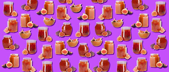 Many jars and bowls of sweet fig jam on violet background. Pattern for design