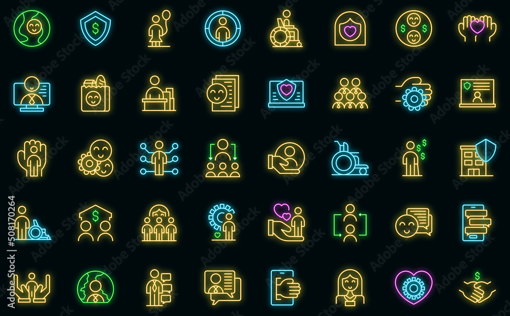 Poster online registration icons set outline vector. device apply. electronic form vector neon