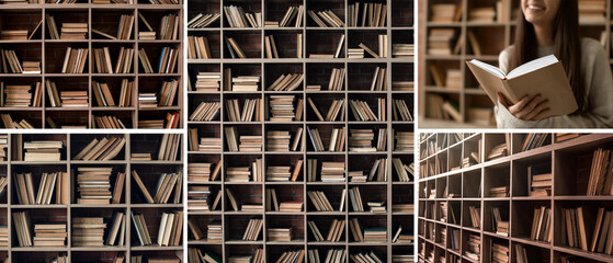 Collage with many books on shelves in library