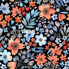 Fototapeten Watercolor floral pattern with delicate blue flowers in a sketch style. Seamless background with leaves and flowers in vintage style. © Tonia Tkach