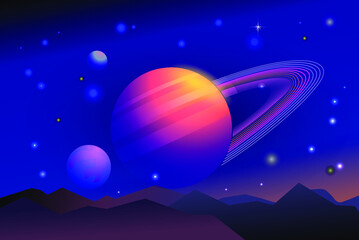 Fototapeta na wymiar Sci-fi wallpaper of Saturn planet and mountains in the Earth. Night landscape.