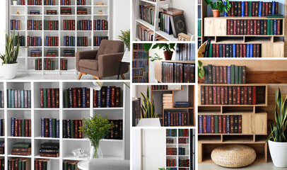 Collage with many different books in home library