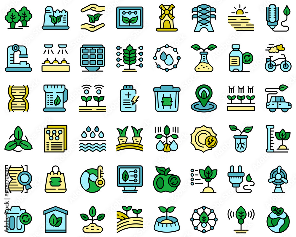 Poster natural technology icons set outline vector. factory recycle. innovation data thin line color flat o