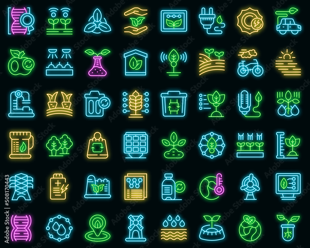 Poster space aliens icons set outline vector. rocket spaceship. monster mars vector neon