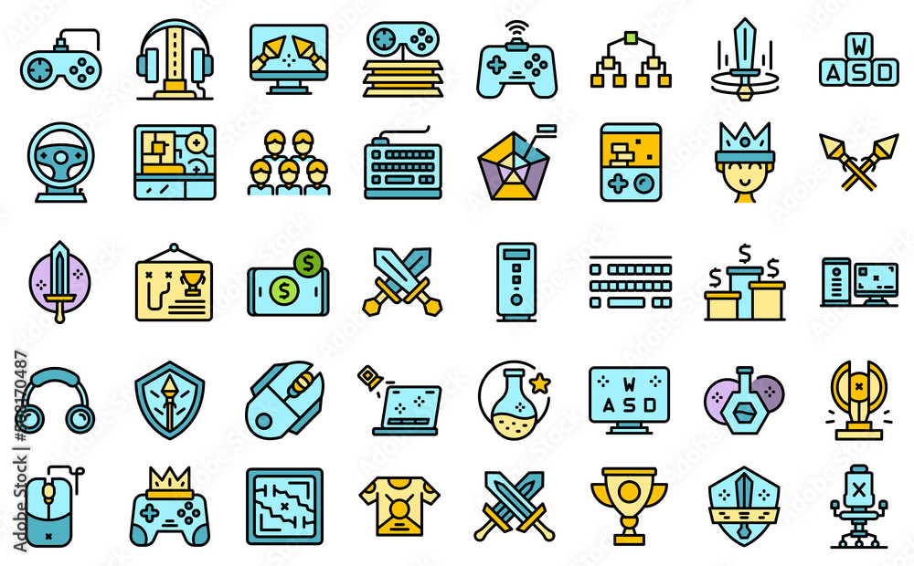 Poster e-sports icons set outline vector. game computer. console controller thin line color flat on white