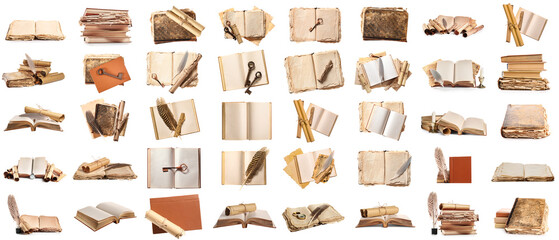 Set of many old books and scrolls isolated on white - obrazy, fototapety, plakaty