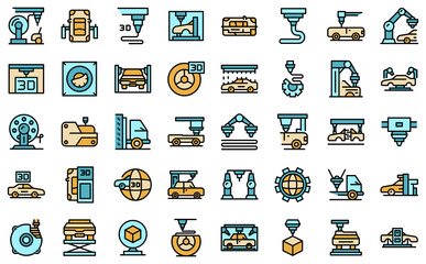 3D cars printing icons set outline vector. Computer printer. Car auto factory thin line color flat on white