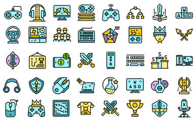 E-sports icons set outline vector. Game computer. Console controller thin line color flat on white
