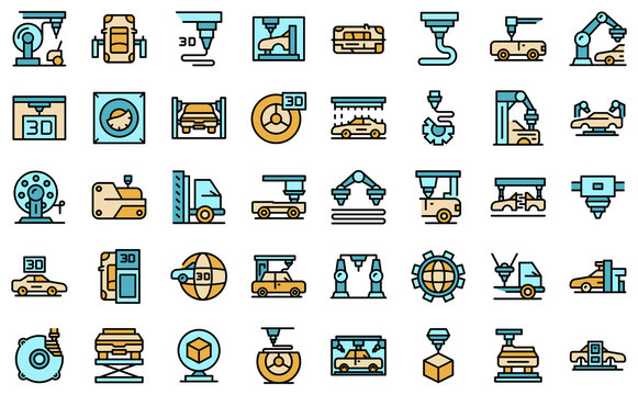 3D cars printing icons set outline vector. Computer printer. Car auto factory thin line color flat on white