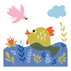 Summer vector illustration. Sea, Fish and bird