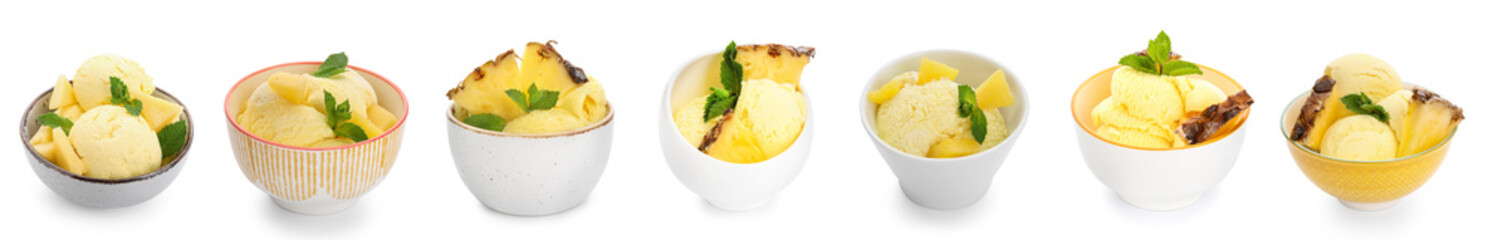 Set of sweet pineapple ice-cream in bowls isolated on white