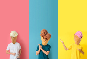 Set of men with tasty ice-cream instead of their heads on colorful background