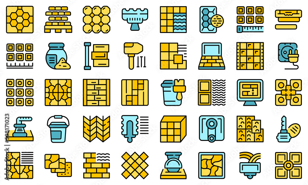 Poster installing tiles icons set outline vector. house taller. fix tile thin line color flat on white