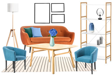 Different furniture and decor isolated on white