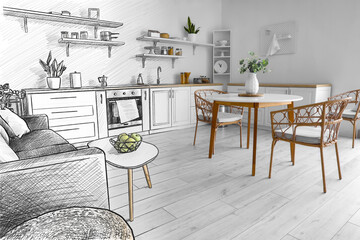 Basket with fresh apples on table in stylish kitchen interior
