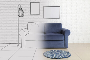 New interior of stylish living room with sofa and lamp