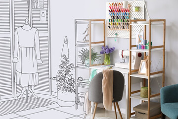 Interior of stylish atelier with tailor's workplace, shelving units and pegboard