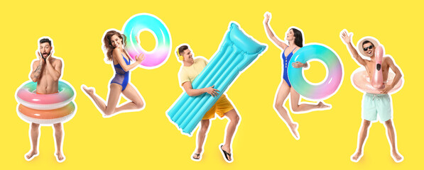 Set of emotional young people with inflatable rings and mattress on yellow background