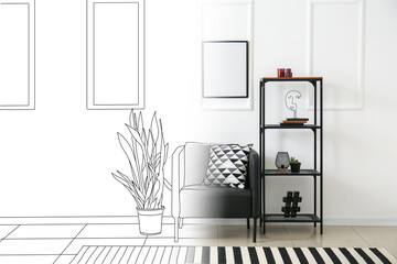 New interior of stylish office with black armchair and rack
