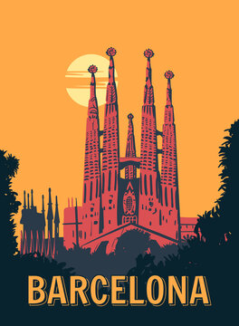 Barcelona VintageTravel Poster. Sagrada Familia Gaudi Basilica of Spain, sunset sky. Vector illustration