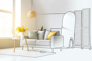 New interior of stylish living room with sofa and mirror