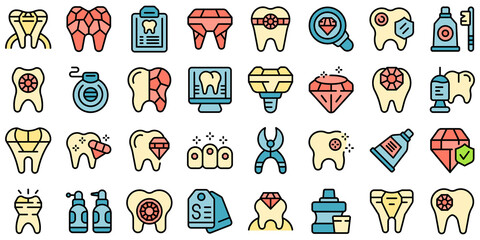 Tooth gems icons set outline vector. Dental care. Medicine dent thin line color flat on white