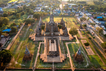 Aerial view of Wat Chaiwatthanaram, famous ruin temple near the Chao Phraya river in Ayutthaya,...