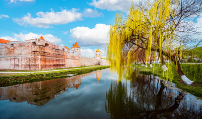 Fagaras, Romania. Spring green blossom landscape with Fagaras Fortress, Transylvania.