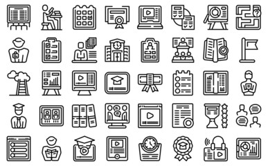 Professional development of teachers icons set outline vector. Webinar personal. Laptop webinar