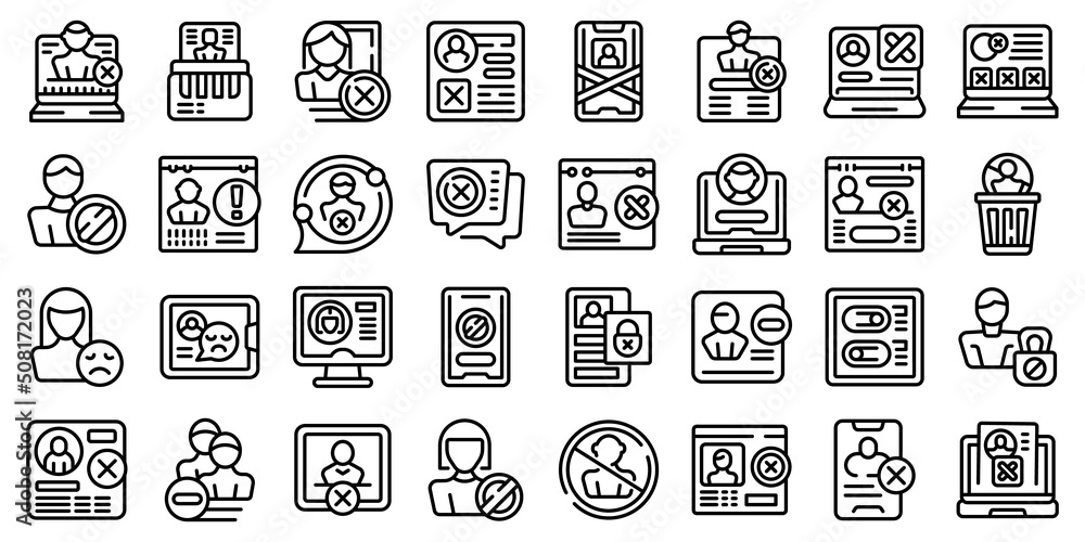 Poster deleting social account icons set outline vector. delete addiction. app block