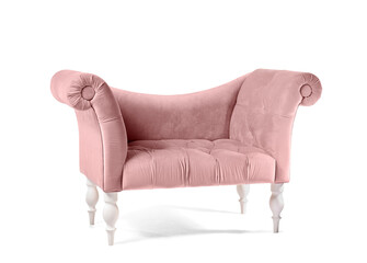 Stylish pink sofa on white background
