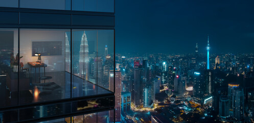 3d Office with night city skyline