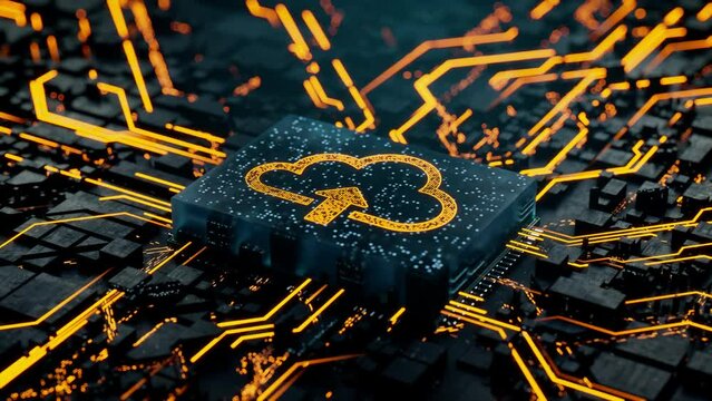 Data storage Technology Concept with cloud upload symbol on a Microchip. Orange Neon Data flows from the CPU across a Futuristic Motherboard. Seamless Loop.