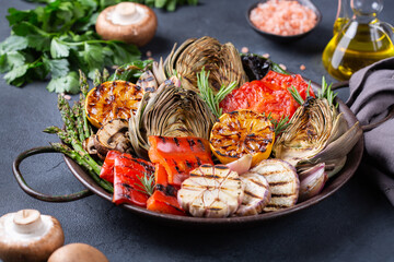 Grilled vegetables in a pan, summer eating, vegan food