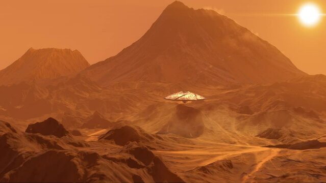 Ufo alien spacecraft saucer flying over planet mars 

3D rendering, cinematic view of alien spacecraft and ufo concept

