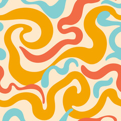 Fototapeta na wymiar Trippy Wavy Swirly Seamless Pattern. Vector Abstract Retro 70s Groovy Background. Hippie endless pattern