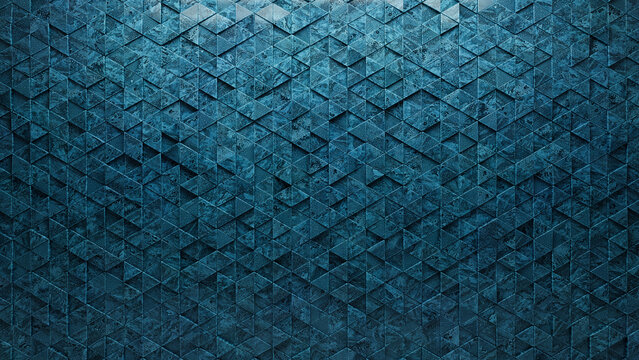 Textured, Triangular Wall background with tiles. Blue Patina, tile Wallpaper with Polished, 3D blocks. 3D Render