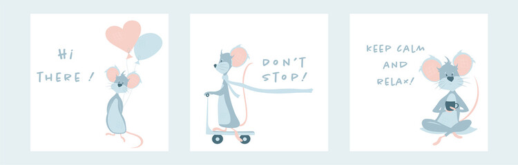 Celebration Mouse with balloons. Holiday congratulations. Mouse on a kick scooter. Do not stop. Keep calm and relax. Do not panic.