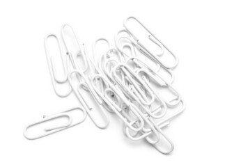 Obraz premium Paper clips on white background, top view