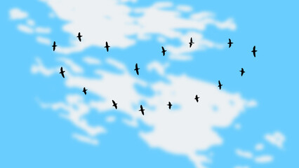 A flock of birds forming a heart shape in a sunny blue sky with white clouds, vector illustration