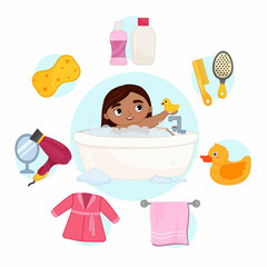 Vector illustration of a cute girl takes a bath. Bathroom icons set in cartoon style.

