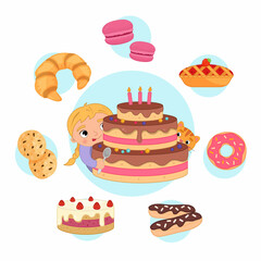 Vector illustration of a cute girl with a big cake. Set of icons of cakes, muffins, pastries in cartoon style.
