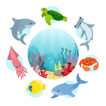 Vector set of animals of the underwater world. Cartoon illustrations of cute sea creatures. Vector marine background.
