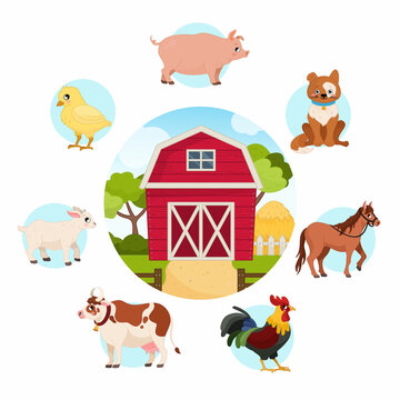 Vector set of farm animals. Cartoon illustrations of cute pets. Farm vector background.

