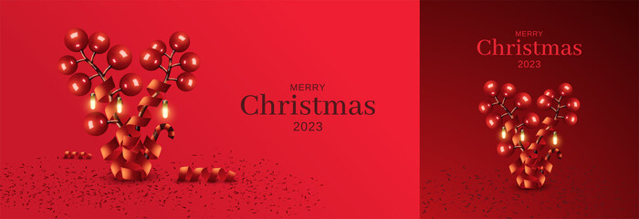 Fototapeta na wymiar Merry Christmas 2023 with cherry tree ribbon on red background