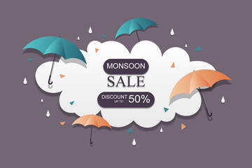 Monsoon sale background with paper style. Vector illustration.