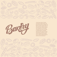 Bakery background with hand drawn bread illustrations. Design element for package, banner, flyer, card. Vector illustration