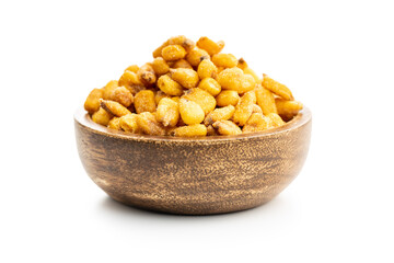 Roasted salted corn snack in bowl isolated on white background.