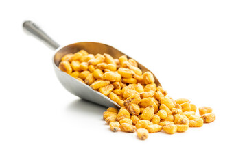 Roasted salted corn snack in scoop isolated on white background.